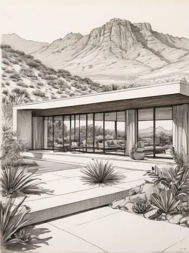 mid century house,neutra,sketchup,mid century modern,eichler,silverleaf,dunes house,revit,renderings,xeriscaping,quartzsite,midcentury,house drawing,dune ridge,matruschka,mid century,desert landscape,aravaipa,unbuilt,ruscha,Illustration,Black and White,Black and White 34