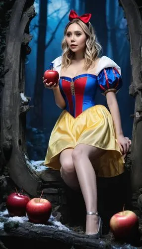 (((((Elizabeth Olsen)))))(((simple real image)))((()))) ((wearing a costume(((((ghotic snow white cosplay))))) custom with outside braid(((belly out))),mini skirt,t))), big earphones ((leaning against