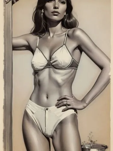 A rather self-absorbed woman from Paris.,a woman with a very small  wearing underwear,model years 1960-63,cardinale,sophia loren,radebaugh,model years 1958 to 1967,retro woman,Illustration,Vector,Vect