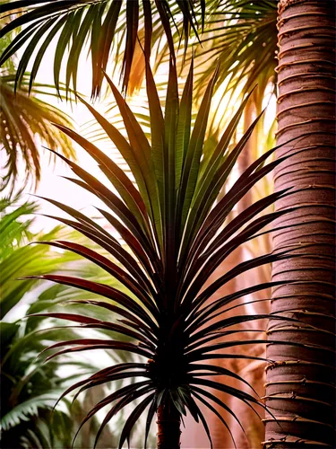 Palm tree, tropical atmosphere, slender trunk, feathery leaves, curved branches, green and brown colors, warm sunlight, soft shadows, close-up shot, 3/4 composition, shallow depth of field, realistic 