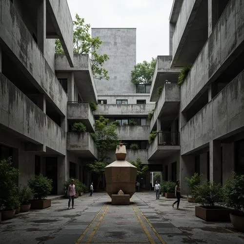 Rugged university campus, brutalist architecture, raw concrete buildings, fortress-like structures, bold geometric forms, dramatic cantilevers, exposed ductwork, industrial materials, harsh natural li