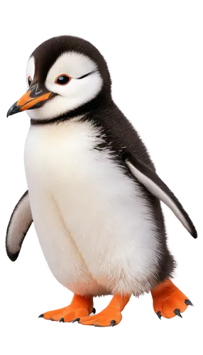 Adorable penguin, solo, (2-3yo), fluffy feathers, orange beak, black eyes, little wings, waddling, cute expressions, white belly, black back, icebergs, snowy background, softbox lighting, close-up sho