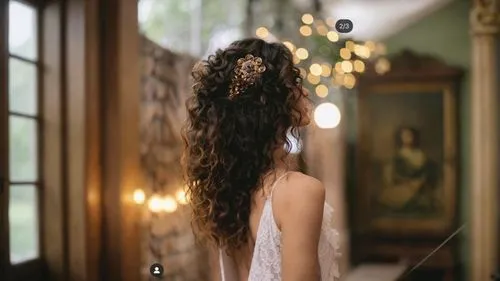 very beautiful smiling woman from the 19th century,girl in a long dress from the back,back of head,bridal veil,british semi-longhair,headpiece,gypsy hair,girl in a wreath,the angel with the veronica v