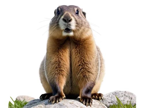 Marmot, cute face, fluffy fur, brown eyes, small nose, chubby cheeks, standing upright, front legs together, hind legs apart, sitting on rock, alpine meadow, green grass, white flowers, clear blue sky