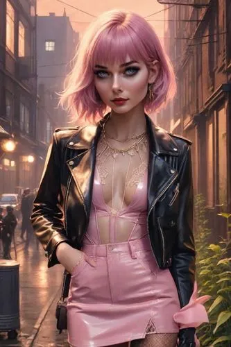 As the sun sets over a bustling city, a petite woman wears a soft pink leather suit, orange, gold, white lace slip, messy cropped hair, and a red dress. She stands by a narrow street, surrounded by we