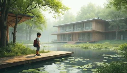 world digital painting,house by the water,huayi,hiro,house with lake,idyllic,kazoku,kindergarten,ghibli,takahata,buangan,chihiro,asian architecture,hoshihananomia,forest house,studio ghibli,toddler walking by the water,forest lake,serene,children's background,Photography,General,Realistic