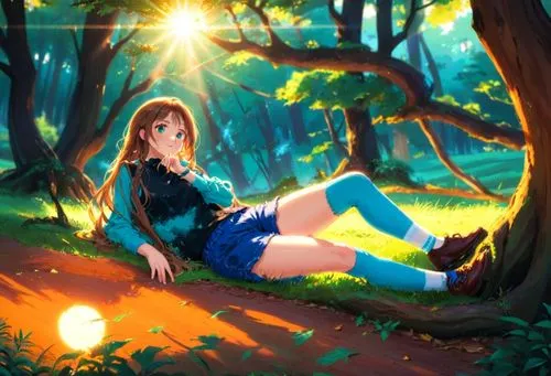 the serene landscape of a caucasian girl's home comes alive as she gazes down on a forest of emerald green leaves. She wears a cozy blue blouse and a black top, and a cozy blue shorts white socks, whi