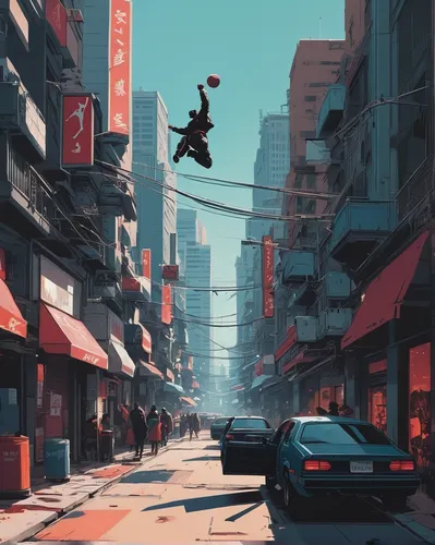 Describe a thrilling chase scene through a crowded city, where a thief steals an Air Jordan shoe from a display.,chinatown,shanghai,china town,daredevil,hong kong,spider-man,high-wire artist,shoefiti,