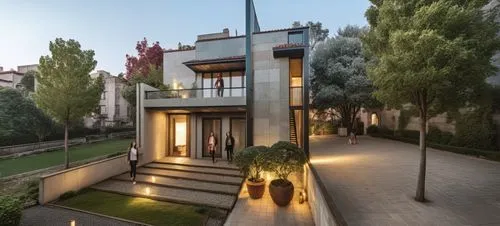 The image depicts a residential building, with a concrete roof and a large windows overlooking a cityscape. In the center of this image, a rescowling green property, with a red street corner, boasts a