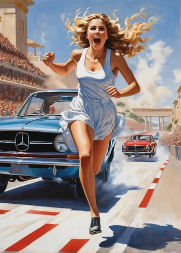 girl and car,racing road,sprint woman,car racing,automobile racer,classic cars,acceleration,racing,aronde,free running,american classic cars,car race,ann margarett-hollywood,grand prix,vintage art,fast cars,simca,checker marathon,allegro,female runner,Art,Classical Oil Painting,Classical Oil Painting 02