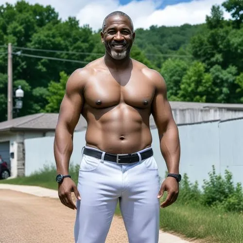 a man posing on a street for a pograph,nudelman,musclebound,muscle man,holyfield,undershirts,african american male,bodybuilder,beefcake,bufferin,baseball player,bodybuilding,akon,undershirt,body build