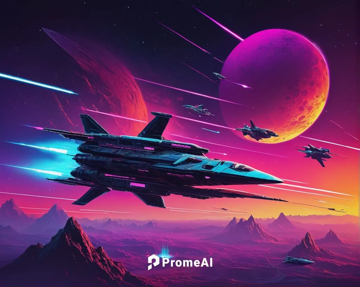 An aerospace battle. Retro Sci-Fi style. Synthwave style.,extrasolar,space ships,gradius,parsec,scifi,futuristic landscape,space art,synth,starships,vanu,sci - fi,spaceships,80's design,spaceland,alie