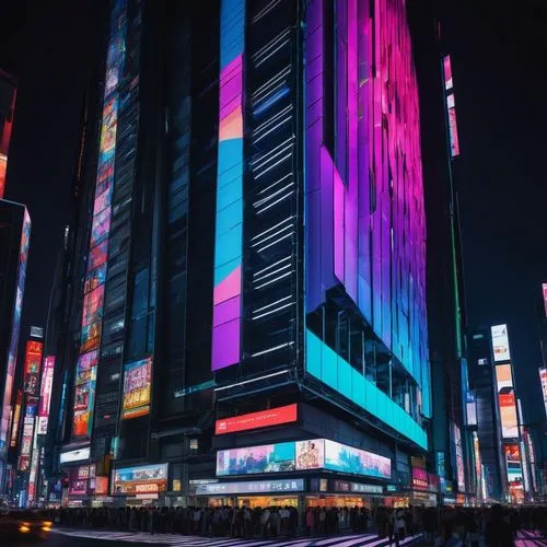 Billboard, futuristic architecture, neon lights, sleek metal beams, LED displays, giant screen, urban cityscape, night view, Tokyo streets, towering skyscrapers, busy pedestrian crossing, vibrant colo