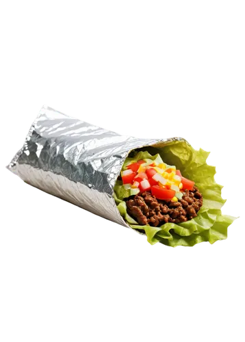 Mexican food, burrito, solo, wrapped in aluminum foil, beef and cheese filling, green lettuce, diced tomatoes, sour cream, salsa, crispy tortilla, close-up, shallow depth of field, warm color tone, ap