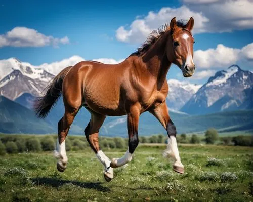 cute, adorable baby horse. jump nimbly.
Very beautiful grassland background, under the ice mountains, blue sky with a few comulus clouds.,quarterhorse,belgian horse,finnhorse,arabian horse,clydesdale,