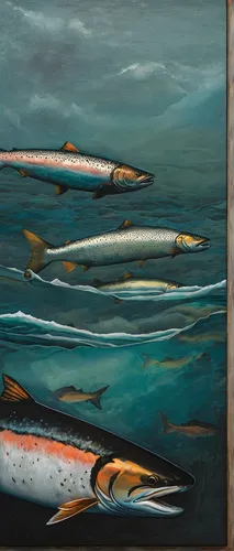 David Kroll - Seascape (Salmon) (SOLD), 2020, oil on linen covered panel, 20 x 20 inches,capelin,mackerel,fjord trout,soused herring,forage fish,sardine,herring,sardines,fish herring,david bates,socke