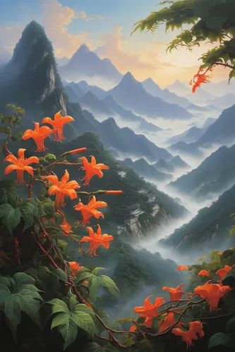 Imagine a painting of a Chinese trumpet vine against a backdrop of misty mountains.,lilies of the valley,flame lily,mountainous landscape,mountain landscape,mountain scene,flower painting,flame vine,l