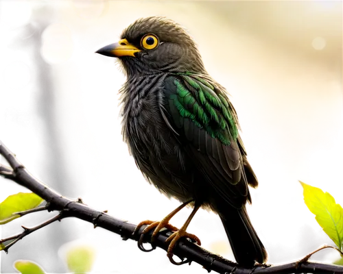 Bird, small, green feathers, yellow beak, round eyes, perched, branch, morning dew, soft sunlight filtering through leaves, chirping sound effects, close-up, shallow depth of field, warm color tone, c