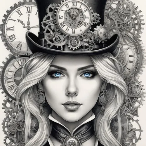 In this image, a young woman with striking blue eyes and gray hair is the central figure. She is adorned in an elaborate steampunk-inspired outfit that includes a top hat embellished with gears and a 