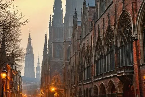 Historic cityscape, Antwerp Belgium, grandiose Gothic Cathedral of Our Lady, ornate stone carvings, stained glass windows, intricate facades, medieval merchant houses, stepped gables, red brick buildi