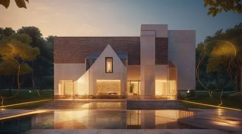 glass bricks tiles garden trees pool concrete steps stairs people summer sunlight spotlight night view,modern house,3d rendering,build by mirza golam pir,villa,temple fade,3d render,render,mid century