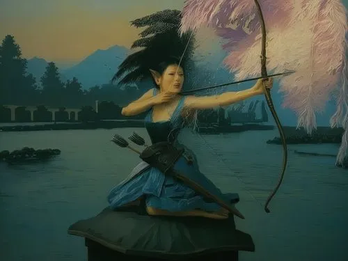 mulan,girl on the river,the sea maid,yi sun sin,chinese art,rusalka,angel moroni,erhu,girl with a dolphin,warrior woman,bow and arrows,swordswoman,water nymph,pocahontas,oriental painting,scythe,bows 