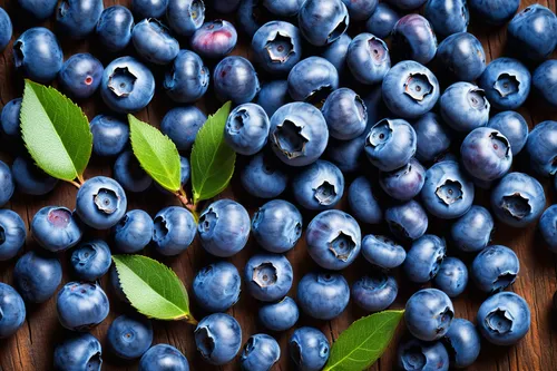 blueberries, scattered, buckshot pattern, vibrant blue, glossy texture, close-up, macro lens, detailed surface, fruit, natural light, soft shadow, wooden table background, rustic setting, still life c