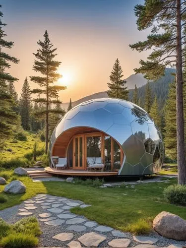 photo of modern futuristic minimalist zen dome tiny house,a house sits in a lush green field,round hut,earthship,electrohome,igloos,cubic house,roof domes,Photography,General,Realistic