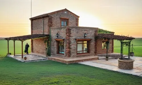 Residencia familiar de campo
Agregar fondo con arboles 
Materiales: madera + acero + vidrio + ladrillos vistos  
Agregar entorno: plantas + flores + pajaros + mariposas +  personas,a small house with 