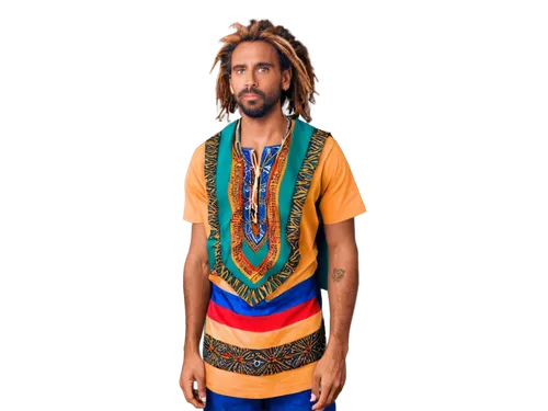 Male, Rastafarian, dreadlocks, messy hair, brown skin, facial hair, strong jawline, serious expression, African features, traditional clothing, colorful dashiki, ethnic accessories, relaxed posture, n