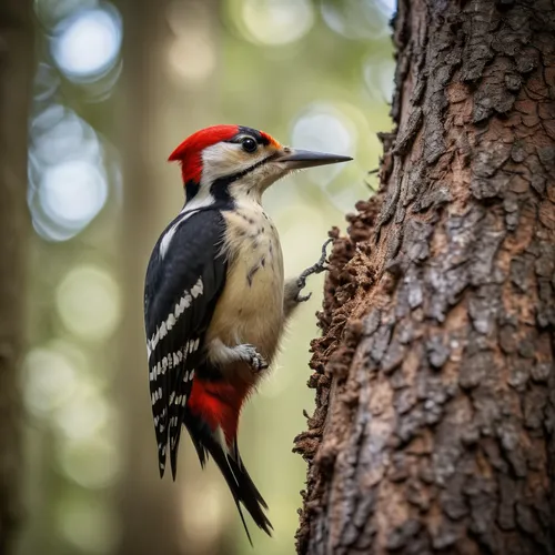 Woodpecker pecking at a tree trunk in a forest,great spotted woodpecker,woodpecker,pileated woodpecker,woodpecker bird,acorn woodpecker,flicker woodpecker,woodpecker finch,ivory-billed woodpecker,red-