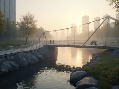 scenic bridge,adventure bridge,riverside,footbridge,riverbank,hanging bridge,riversides,suspension bridge,render,river bank,songdo,wooden bridge,waterway,waterfront,footbridges,3d rendering,waterside,cryengine,embankment,urban park,Photography,General,Realistic