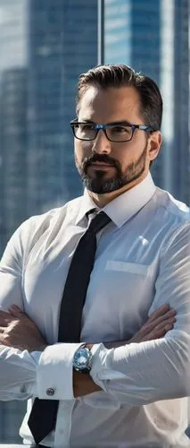 Salesforce, data integration, architecture designer, mature man, (35-45yo), professional attire, white shirt, black tie, glasses, short hair, beard, standing, confident pose, arms crossed, cityscape, 