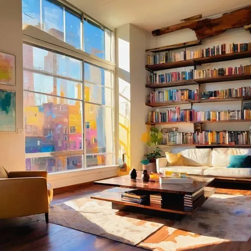 living room,livingroom,bookcases,bookshelves,reading room,bookcase,sunroom,sitting room,loft,book wall,apartment lounge,great room,contemporary decor,bookshelf,home interior,modern room,study room,modern decor,modern living room,an apartment,Conceptual Art,Oil color,Oil Color 20