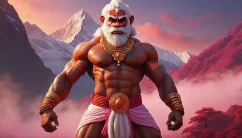 Hindu god, Hanuman, muscular male, strong facial features, red skin tone, white fur, flowing beard, golden earrings, sacred thread, loincloth, bare chest, powerful legs, standing heroically, Anjani mo