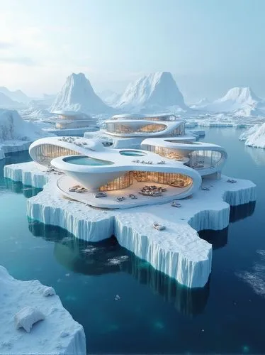 A luxury commercial complex set on a series of floating icebergs in the Arctic. The buildings are made of reflective materials that blend into the icy environment, with glass floors offering views of 