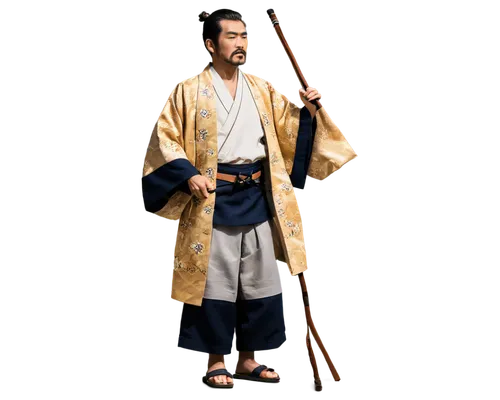 Japanese traditional musician, male, kimono, hakama, geta sandals, shamisen, traditional Japanese hairstyle, mustache, serious expression, standing, spotlight, warm color tone, cinematic lighting, sha