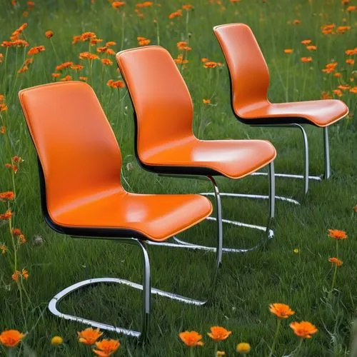 three orange chairs sitting on some green grass,chair in field,kartell,garden furniture,outdoor furniture,cappellini,retro modern flowers