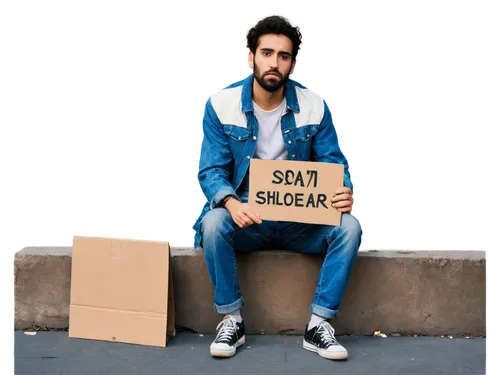 Homeless person, dirty beard, worn-out clothes, ripped jeans, tattered jacket, old sneakers, messy hair, sad eyes, holding a cardboard sign, sitting on street curb, urban background, warm lighting, sh