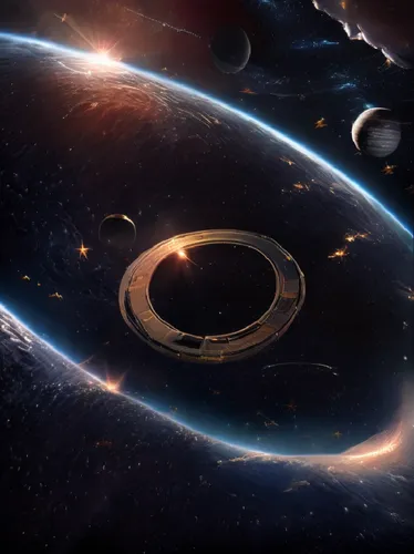 In the vast expanse of space, a massive oscar hovers in the center of a dark, glowing space. Beneath its orbit, the ringed planets move with a gentle, whirring energy. The planets are surrounded by sh