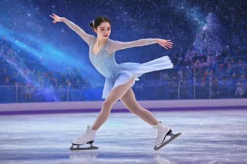 Imagine a futuristic world where Evgenia Medvedeva competes in a holographic ice skating championship.,figure skater,figure skating,figure skate,ice dancing,ice skating,ice skate,women's short program