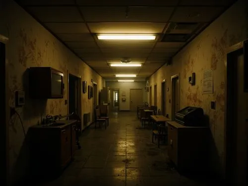 Moody abandoned asylum, eerie corridors, flickering fluorescent lights, dimly lit rooms, mysterious shadows, rusty medical equipment, peeling walls, creepy atmosphere, warm golden lighting, soft glowi