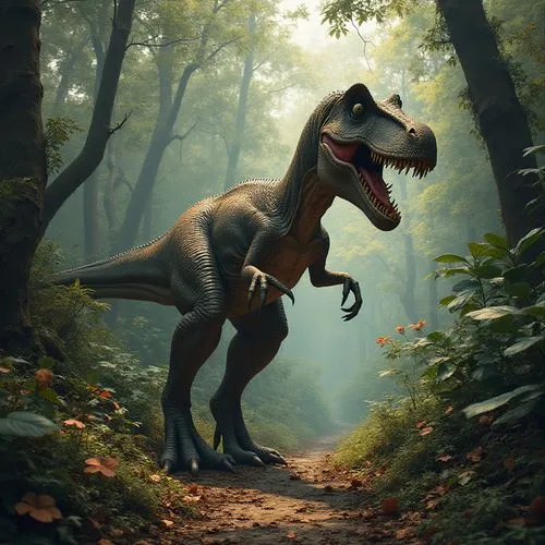  picture Collage of jurassic park,a t - shirt shaped dinosaurs walking in a forest,compsognathus,phytosaurs,dromaeosaurid,guanlong,utahraptor,baryonyx,eoraptor,futalognkosaurus,saurornitholestes,synap