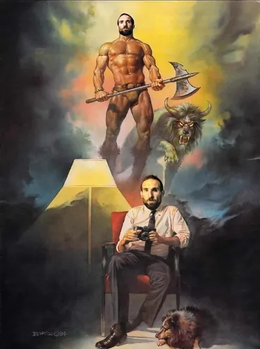 el salvador dali,album cover,fidel,aquaman,fidel castro,castro,art,oil on canvas,conquistador,symbolism,primitive man,god,men sitting,gods,minotaur,biblical,ascension,caveman,legendary,man