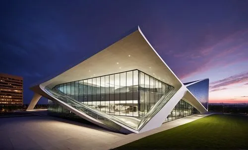 company building multi story ,façade is metal shell and reflected glass ,and put some people walking surround building,an architecture pograph taken at night in the twilight,futuristic art museum,libe