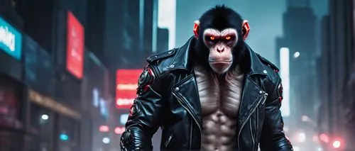 Red eyes, angry monkey, standing, aggressive posture, thick fur, muscular arms, sharp claws, torn jeans, black leather jacket, ripped sleeve, city street, night scene, dim lighting, foggy atmosphere, 