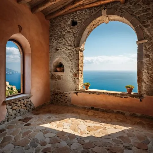 rustic room in an italian villa looking out to sea,window in stone wall overlooking city and ocean,window with sea view,sicily window,monemvasia,liguria,italy liguria,ravello,Photography,Documentary P