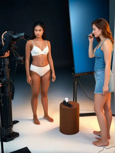 A model is being prepared for her next photo shooting.,two models pose for the camera in front of a po,photo shoot for two,models,shapewear,commercial,bts,video scene,Photography,General,Fantasy