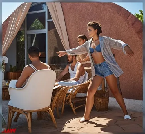 a young woman dancing outside near some men,vettriano,relaxing massage,patio furniture,pillow fight,outdoor furniture,cleaning service,Photography,General,Realistic