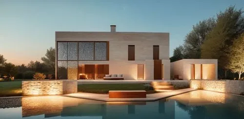 glass bricks natural stone concrete  garden trees wood park landscape sunlight blue sky night view Spotlights night view summer manoir villa people,a house lit up with lights by the pool,masseria,mahd